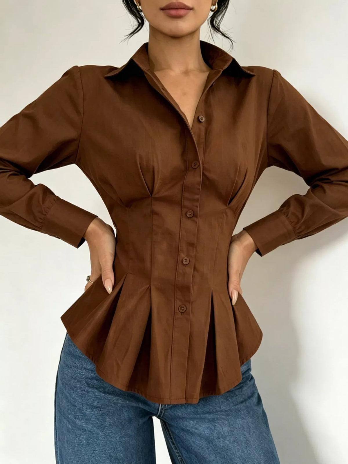 button-down peplum blouse with fitted waist | dropsona - neutral - front view