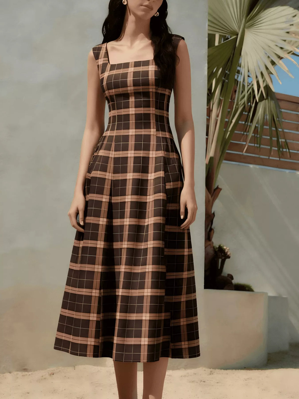 square neck plaid midi dress – basic style | dropsona - neutral - everyday use