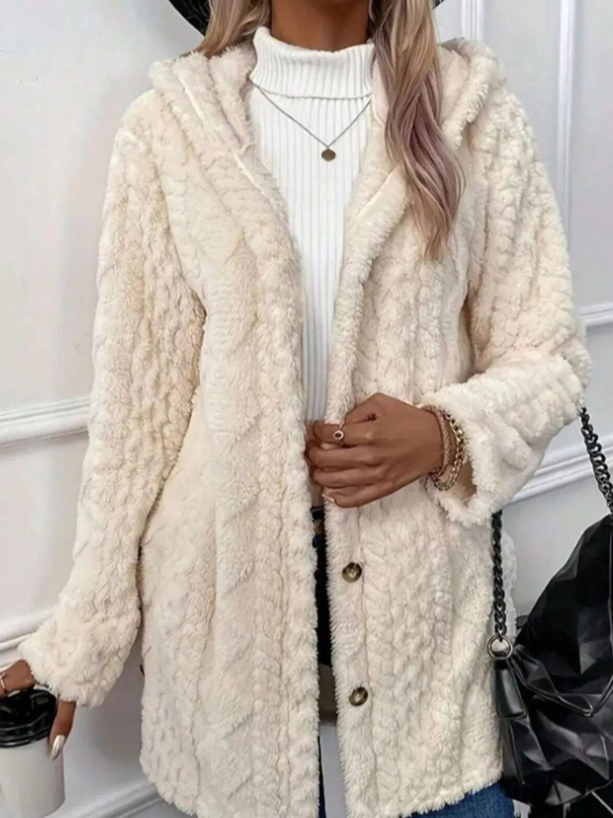 cozy cable-knit faux shearling hooded outerwear | dropsona - neutral - front view
