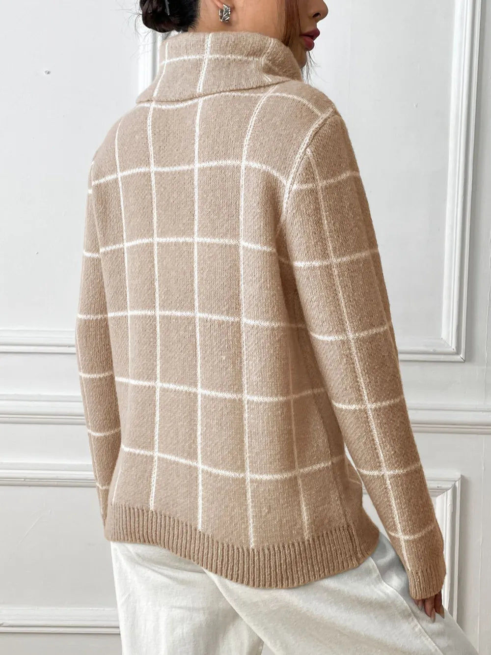 plaid turtleneck long sleeve sweater – basic style | dropsona - neutral - front view