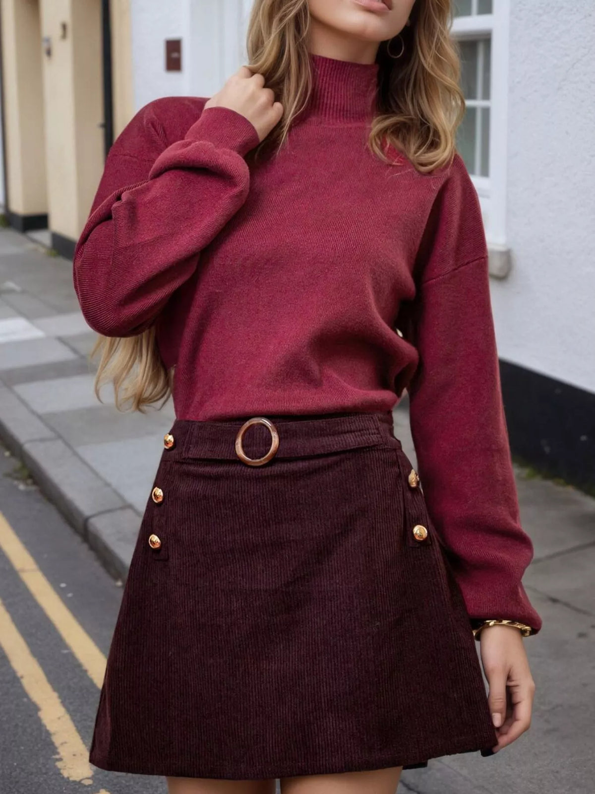 christmas outfit high-waisted corduroy mini skirt | dropsona - neutral - front view