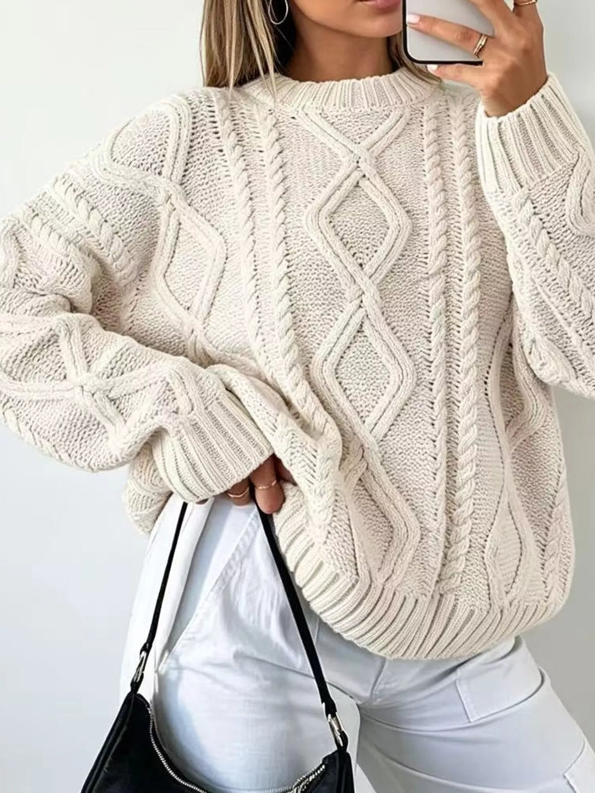 full size cable-knit round neck sweater plus | dropsona - neutral - everyday use