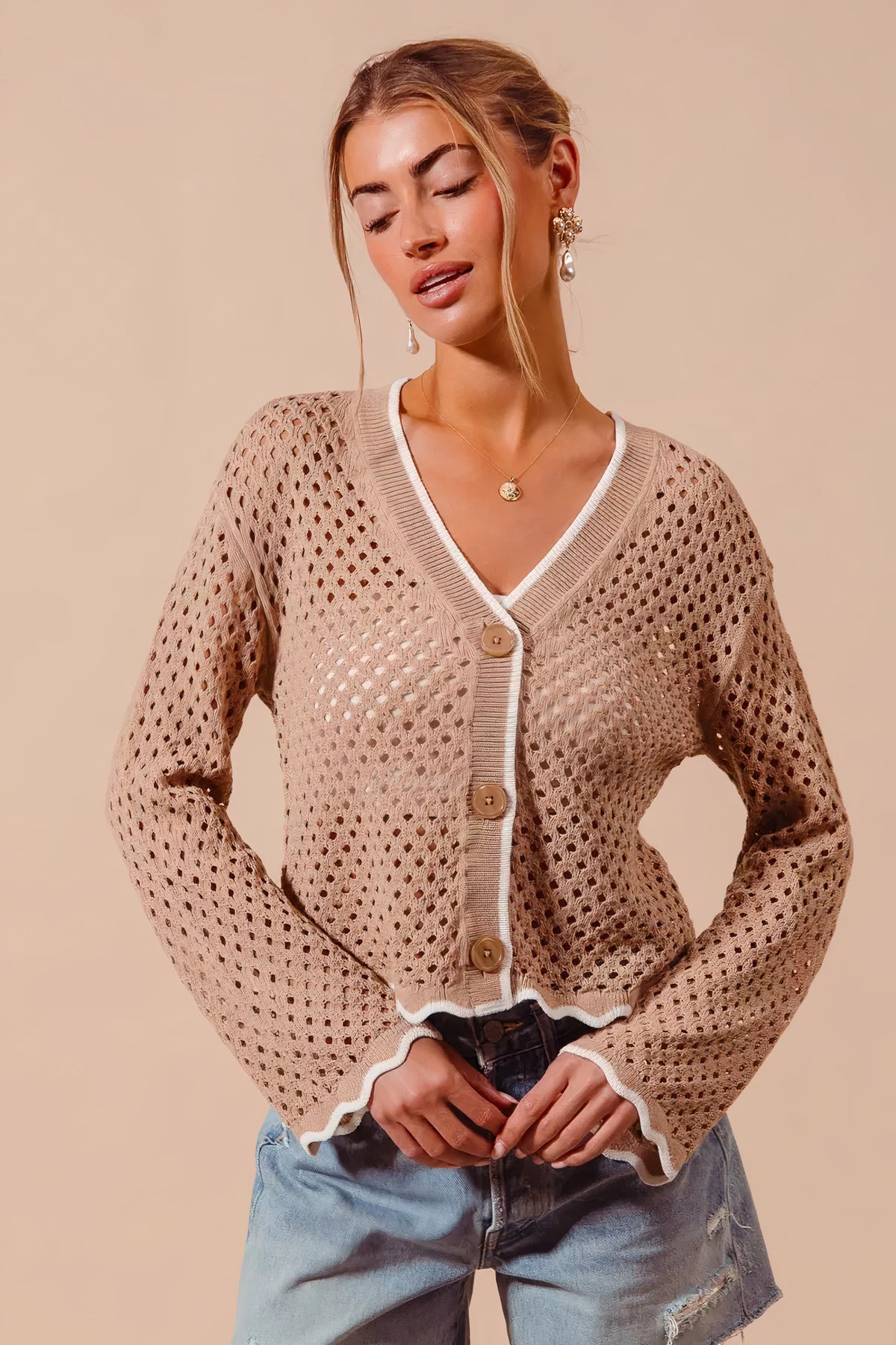 so me open knit light weight sweater cardigan with contrast wavy scallop edge - everyday wear
