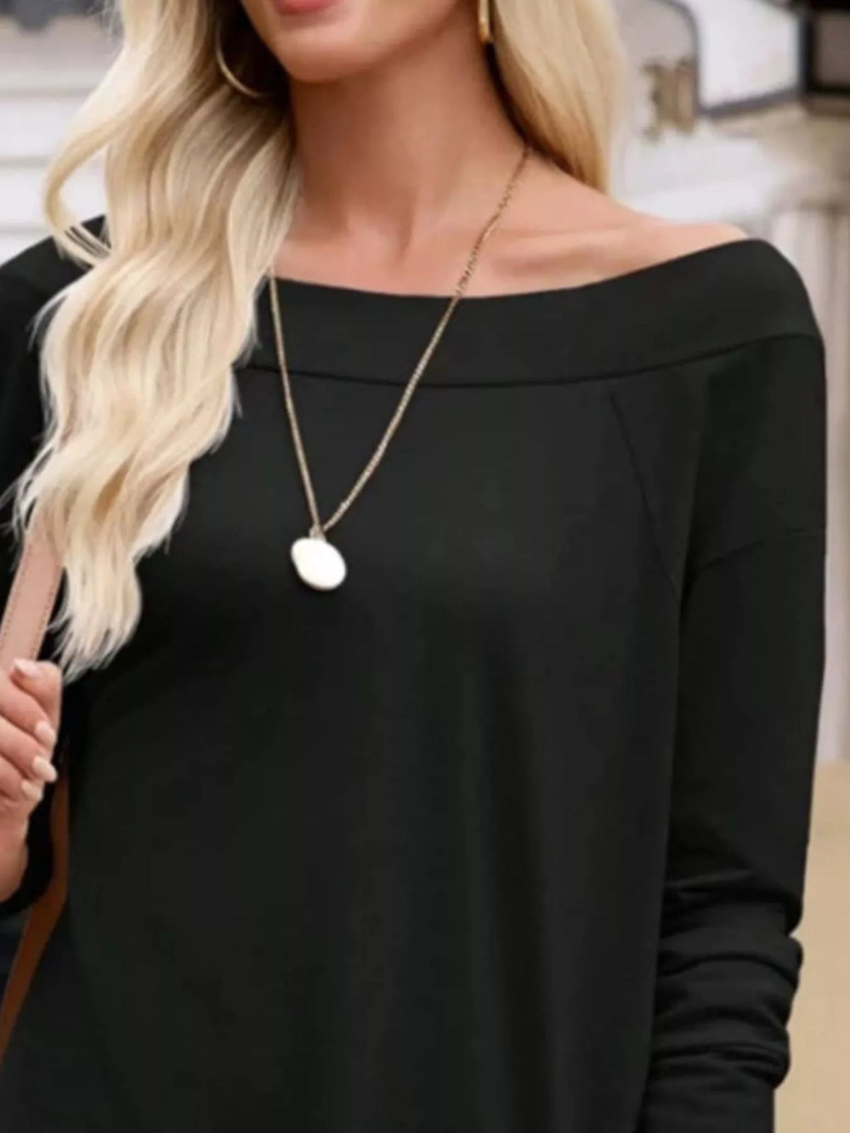 elegant off-shoulder long sleeve casual t-shirt | dropsona - neutral - front view