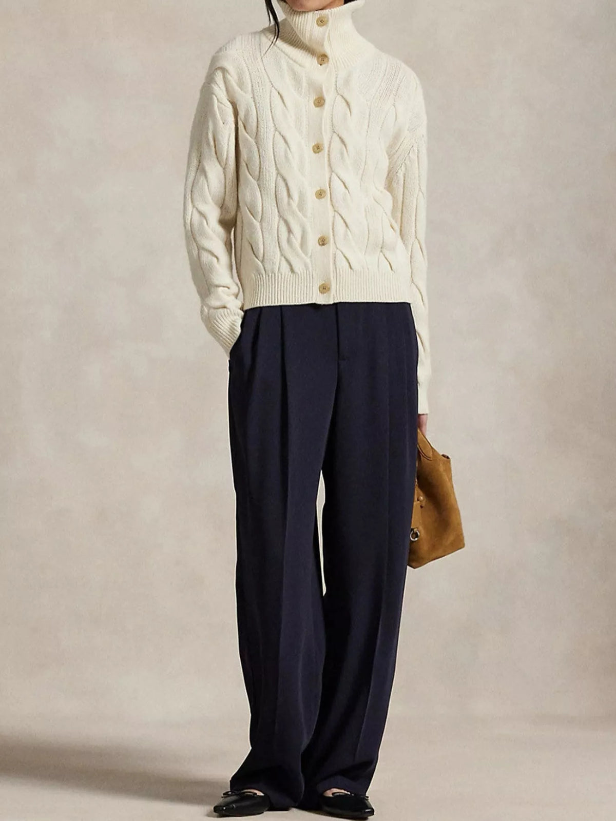 cable knit button up cardigan | dropsona sheep wool 95 - neutral - front view