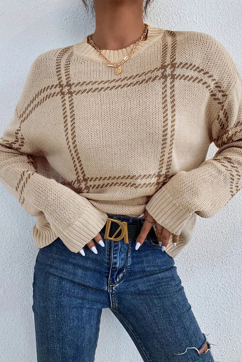 plaid round neck dropped shoulder sweater | dropsona - neutral - everyday use