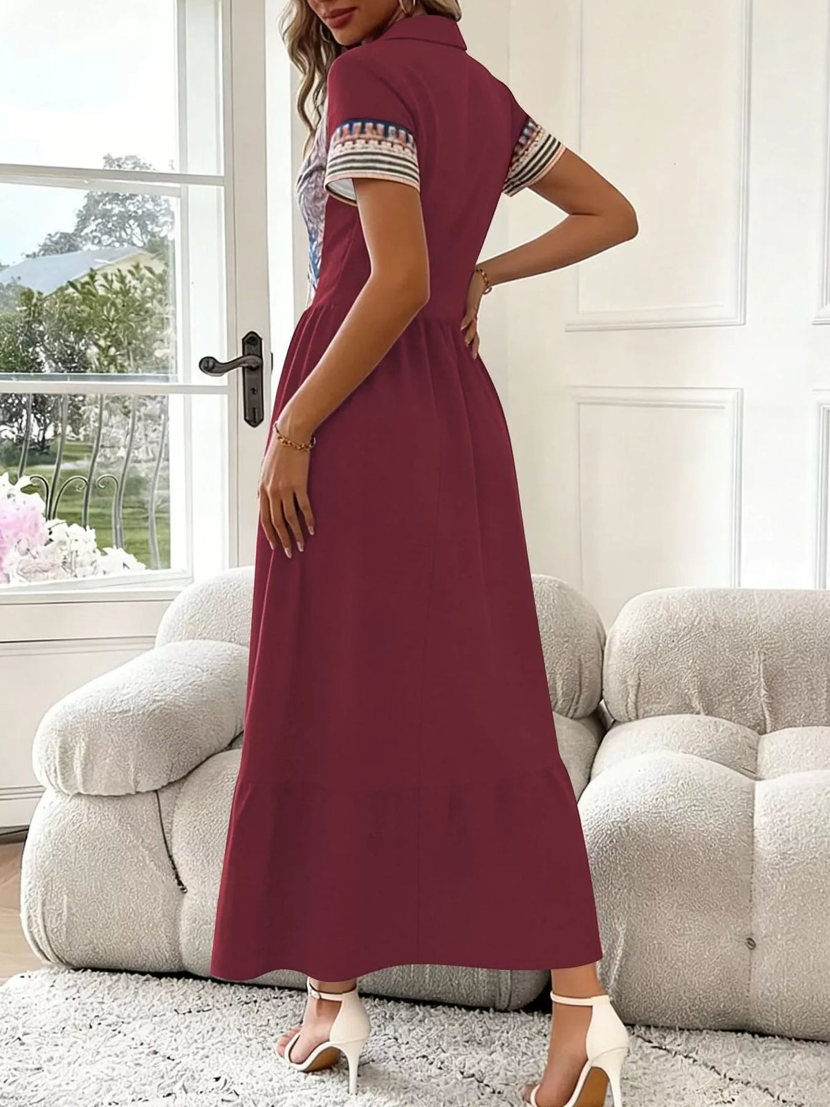 printed button-front maxi dress – buttoned,ruffled | dropsona - neutral - front view