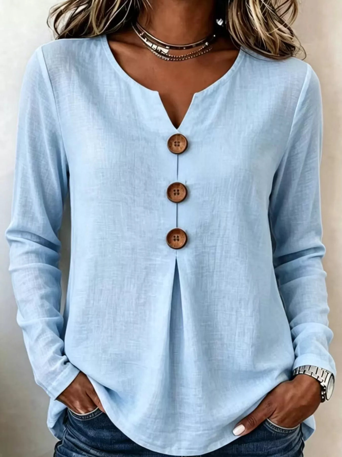 full size long sleeve blouse with decorative wooden | dropsona - neutral - everyday use