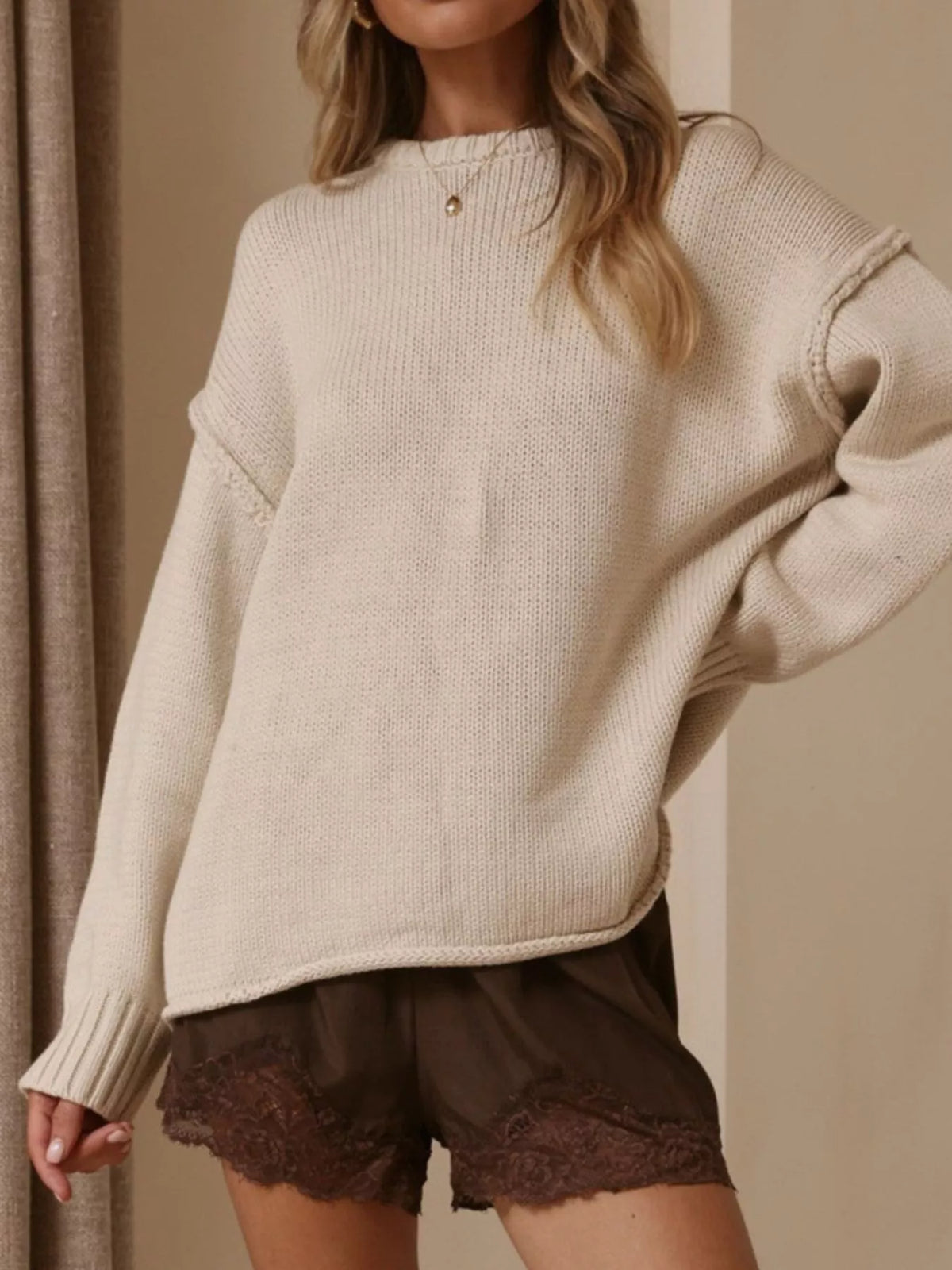 crew neck dropped shoulder sweater – basic style | dropsona - neutral - front view