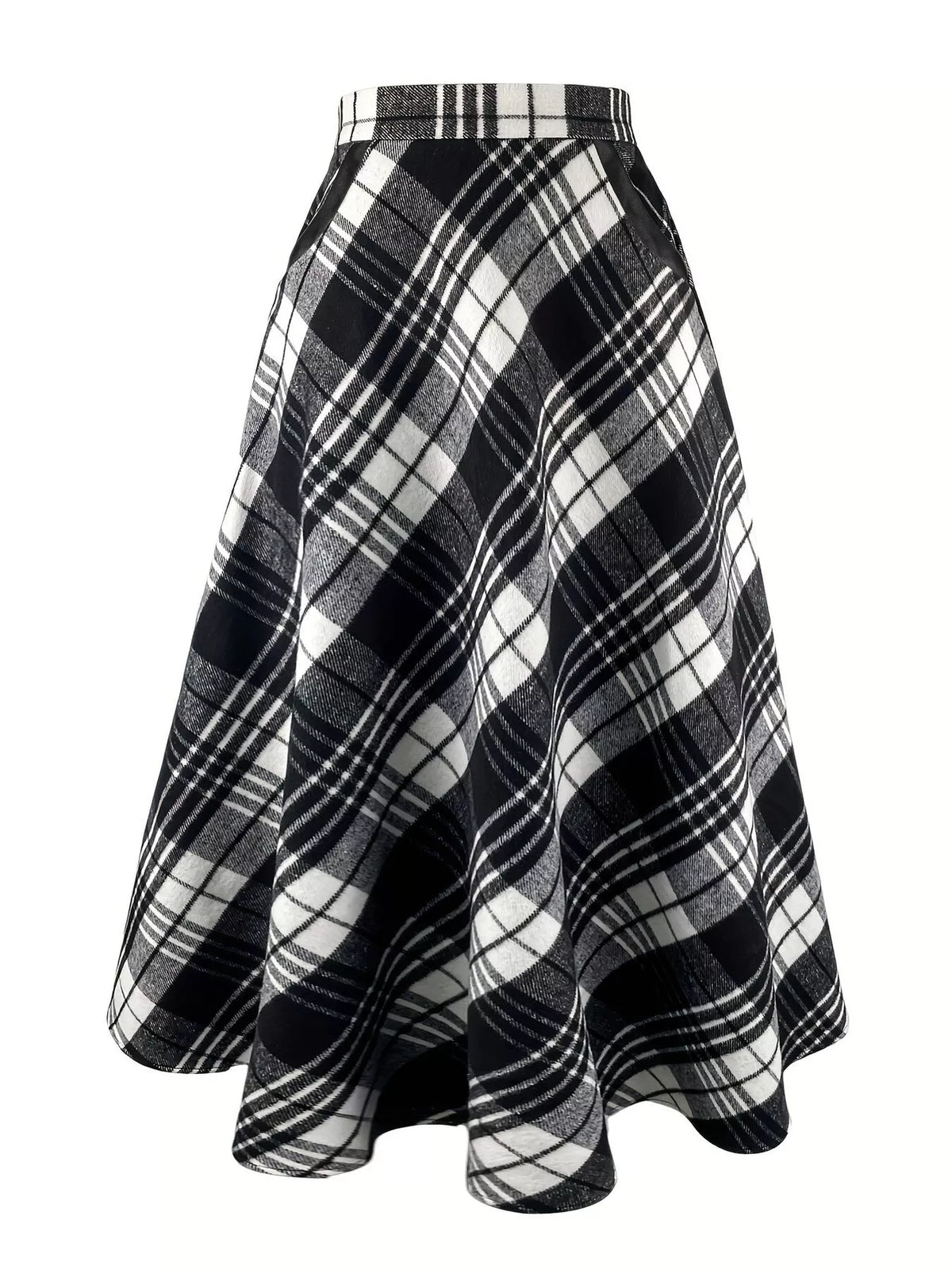 plaid a-line midi skirt with pockets | dropsona - neutral - front view