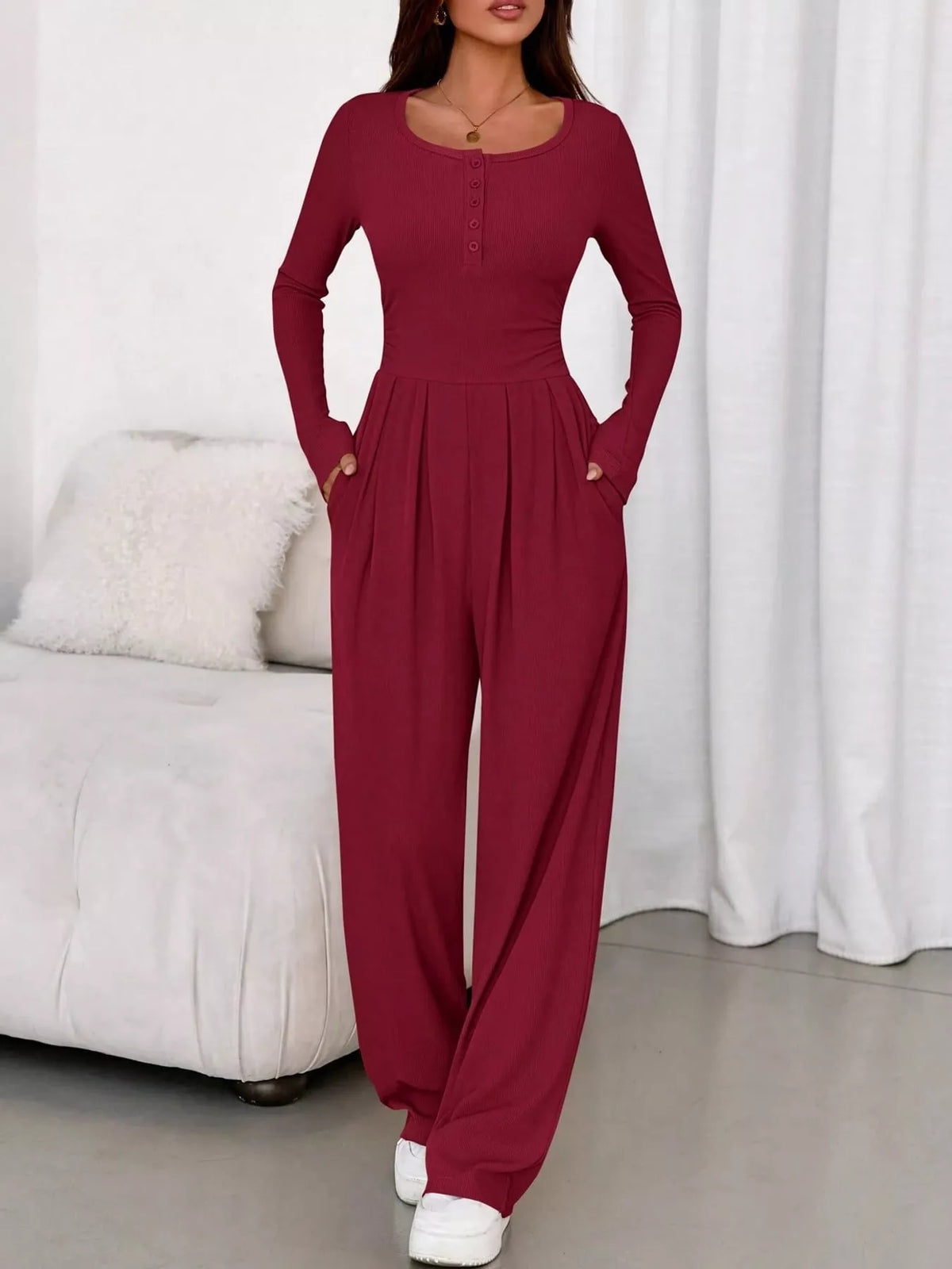 long sleeve ribbed knit wide leg jumpsuit | dropsona - neutral - front view
