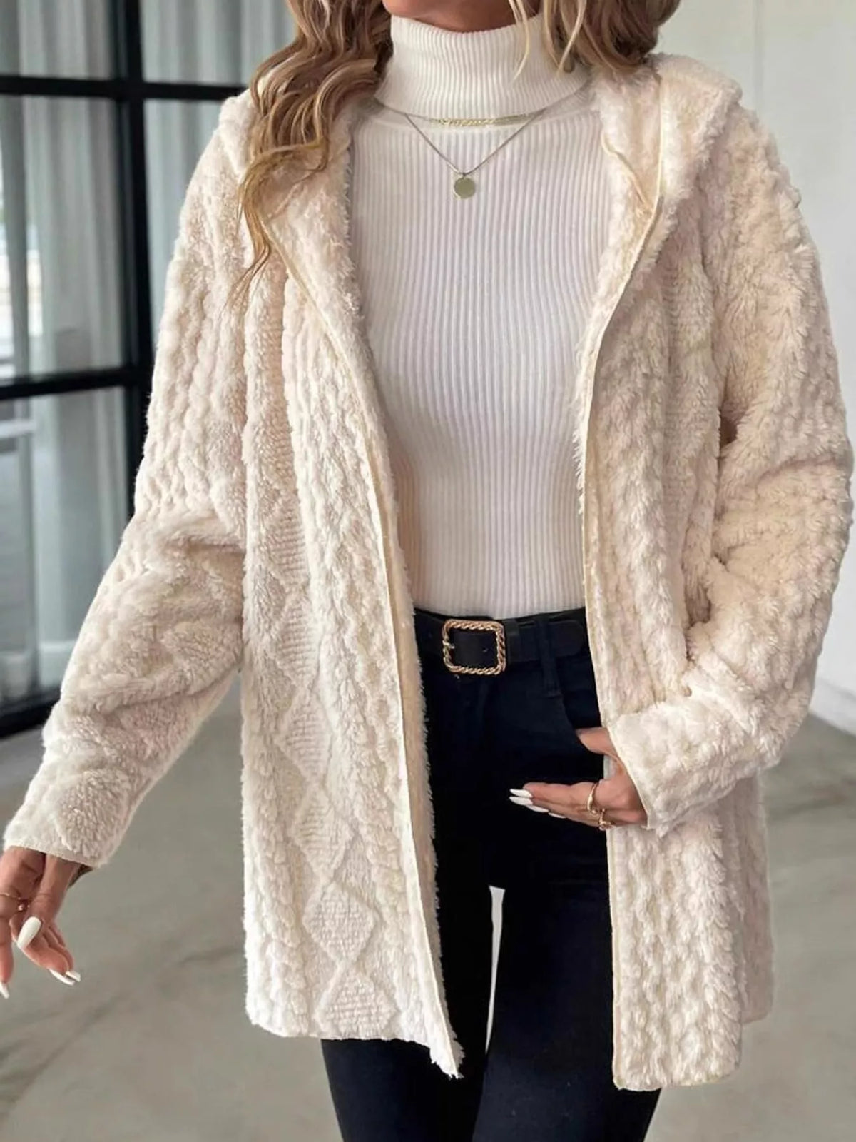 zip up fuzzy hooded outerwear – basic style fit | dropsona - neutral - front view