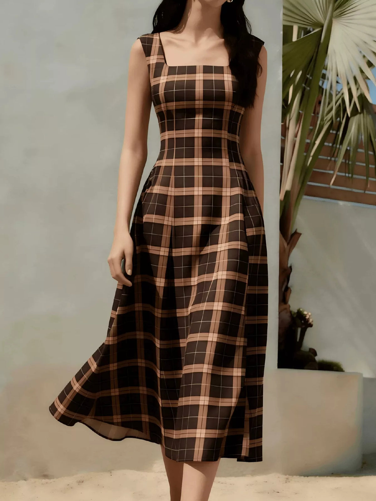square neck plaid midi dress – basic style | dropsona - neutral - front view