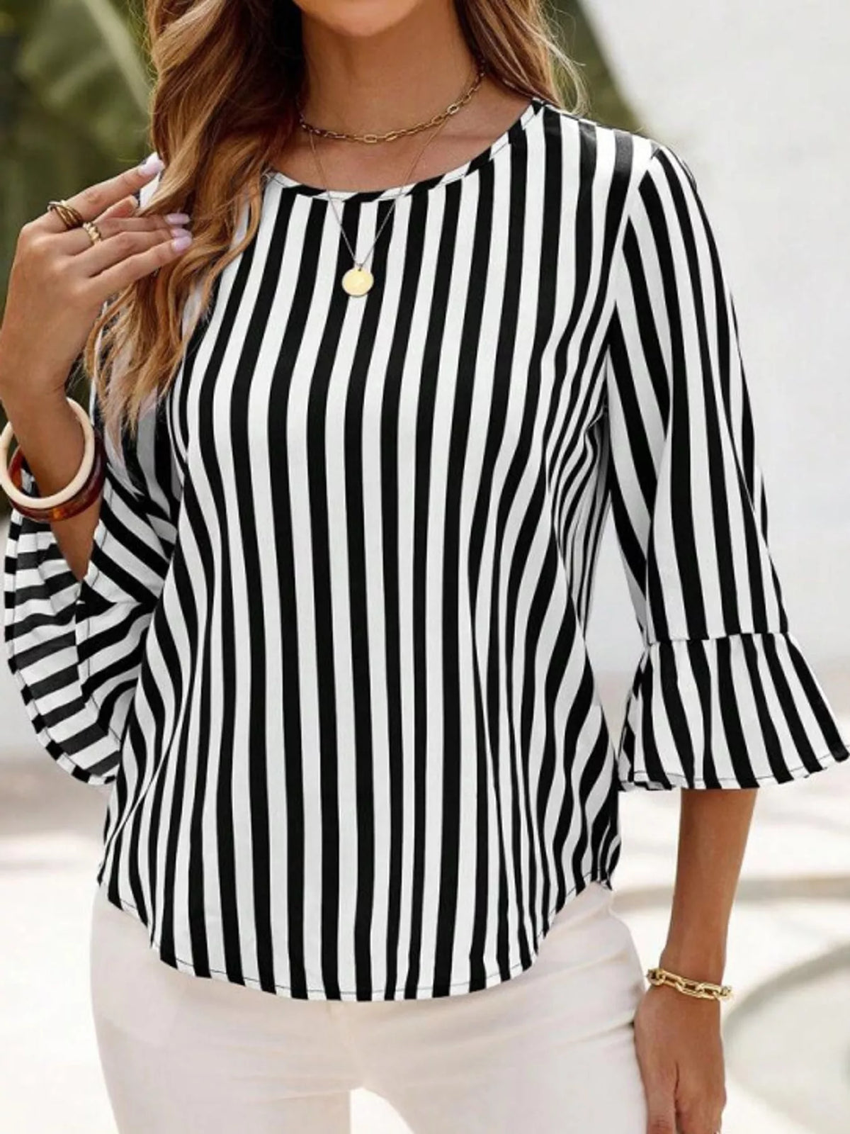 striped bell sleeve blouse – ruffled,basic style fit | dropsona - neutral - front view