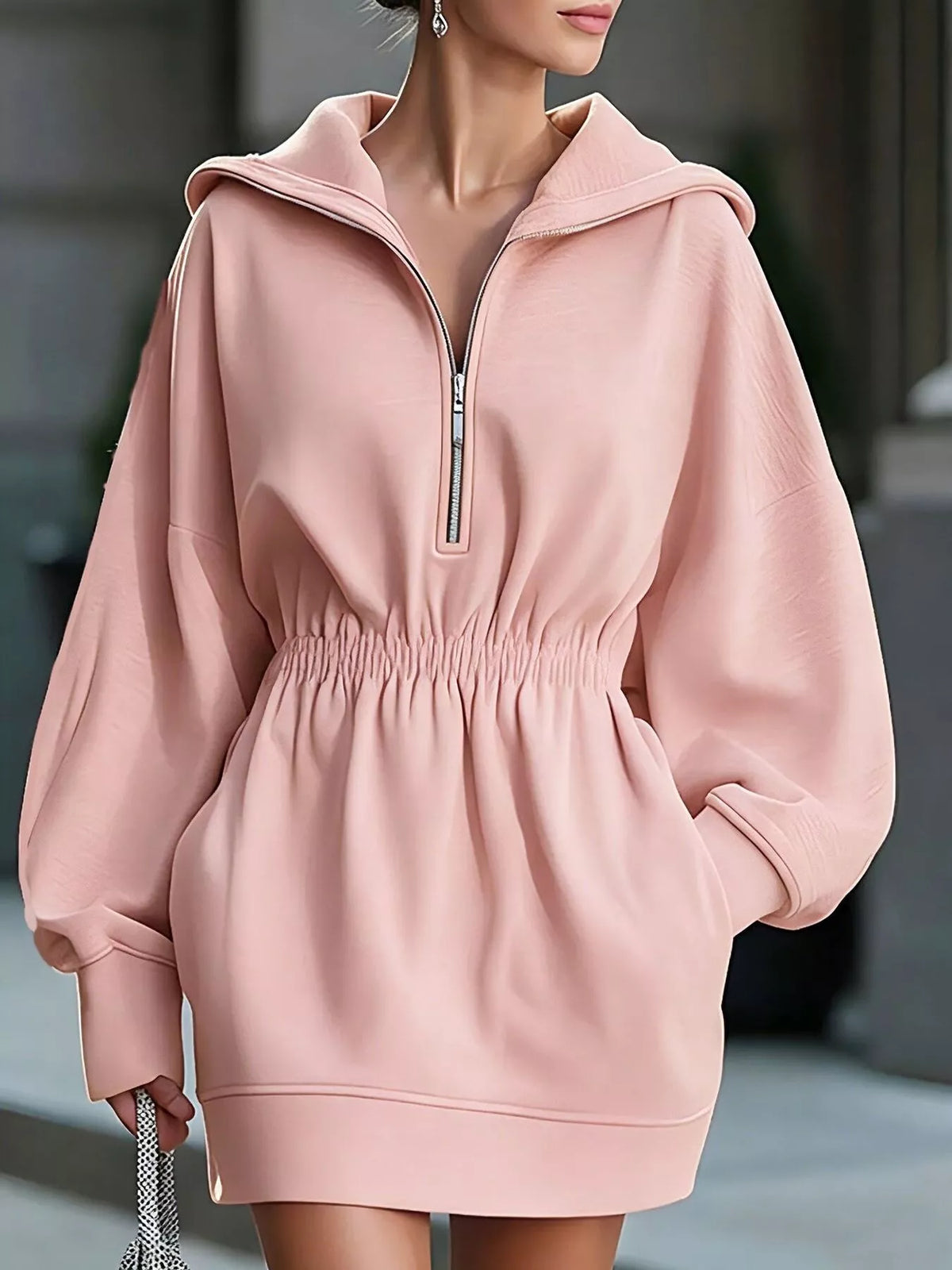 casual hooded quarter-zip sweatshirt dress | dropsona - neutral - everyday use