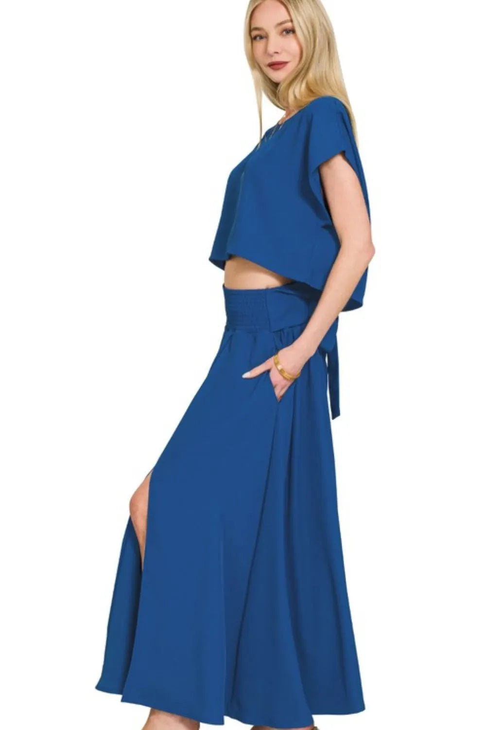 zenana heavy woven span crop tee & skirt set - front view
