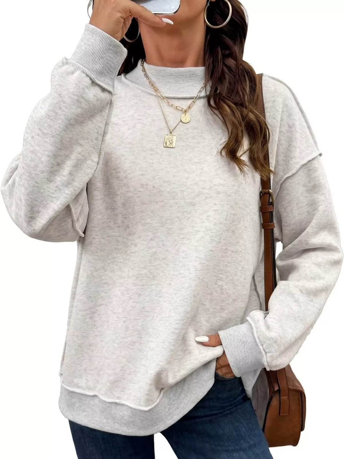 mock neck long sleeve sweatshirt | dropsona polyester 70% - neutral - everyday use