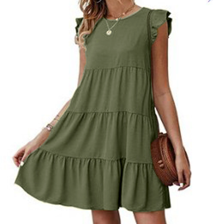 womens flowy dress with cap sleeves – this round neck | dropsona - neutral - front view