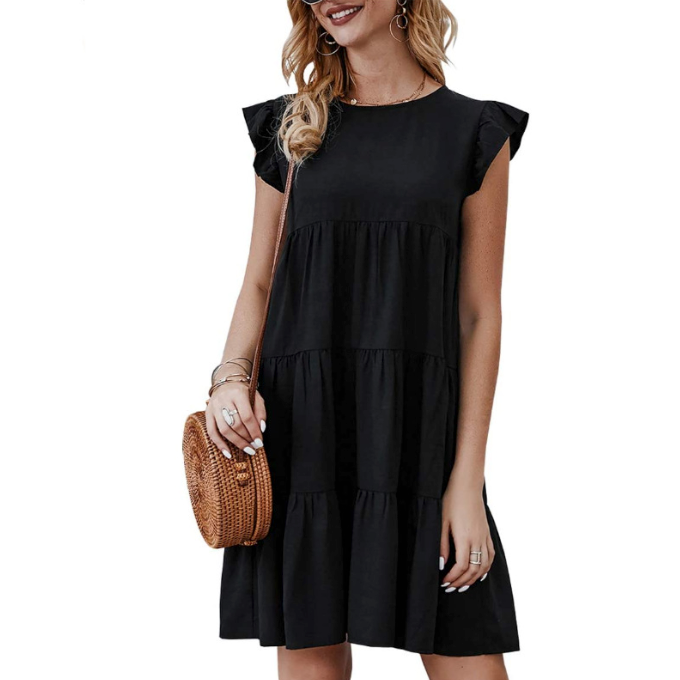 womens flowy dress with cap sleeves – this round neck | dropsona - neutral - material texture