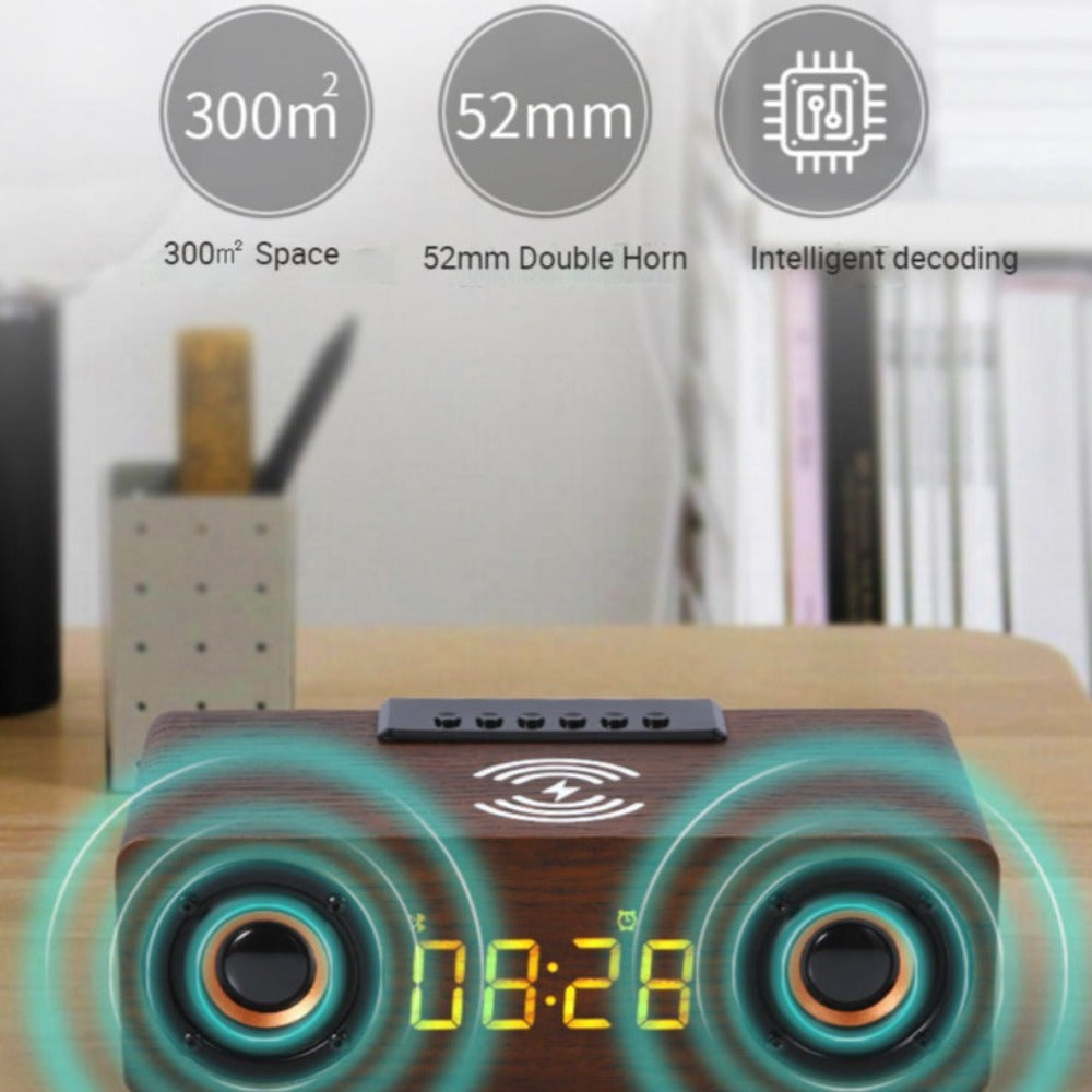 wooden retro theme wireless charger bluetooth speaker | dropsona - neutral - close-up detail