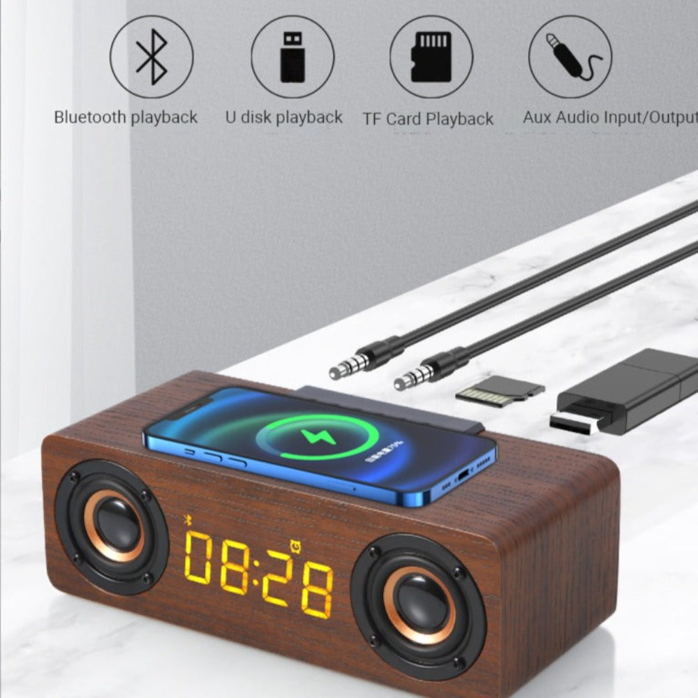 wooden retro theme wireless charger bluetooth speaker | dropsona - neutral - front view
