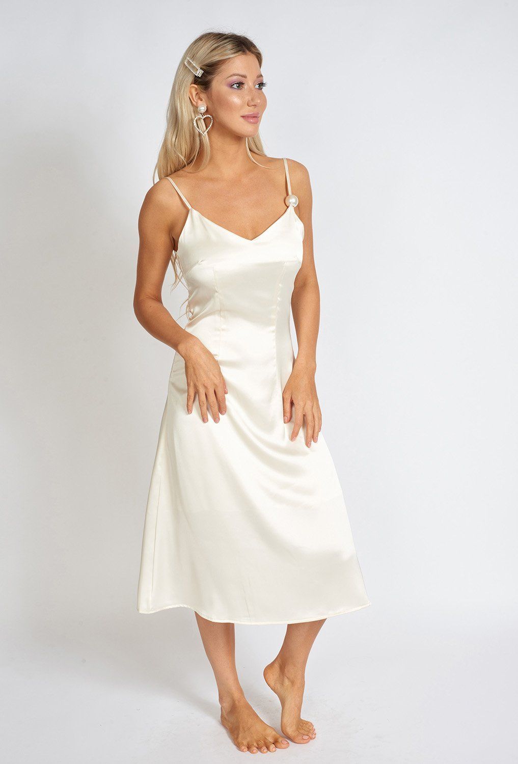 léonie one pearl satin slip dress – details: v shaped | dropsona - neutral - front view
