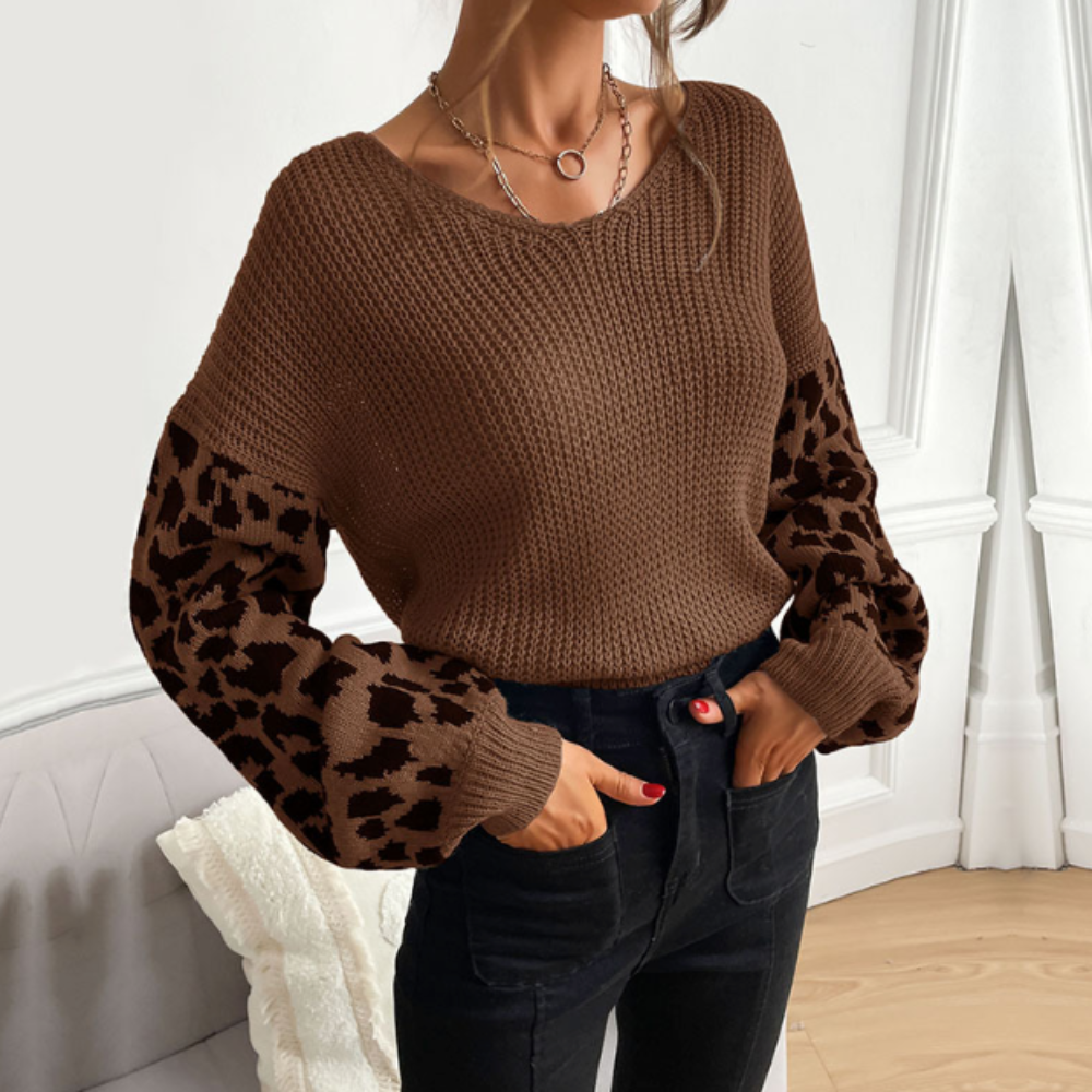 womens v neck sweater with leopard print sleeves – wom | dropsona - neutral - material texture