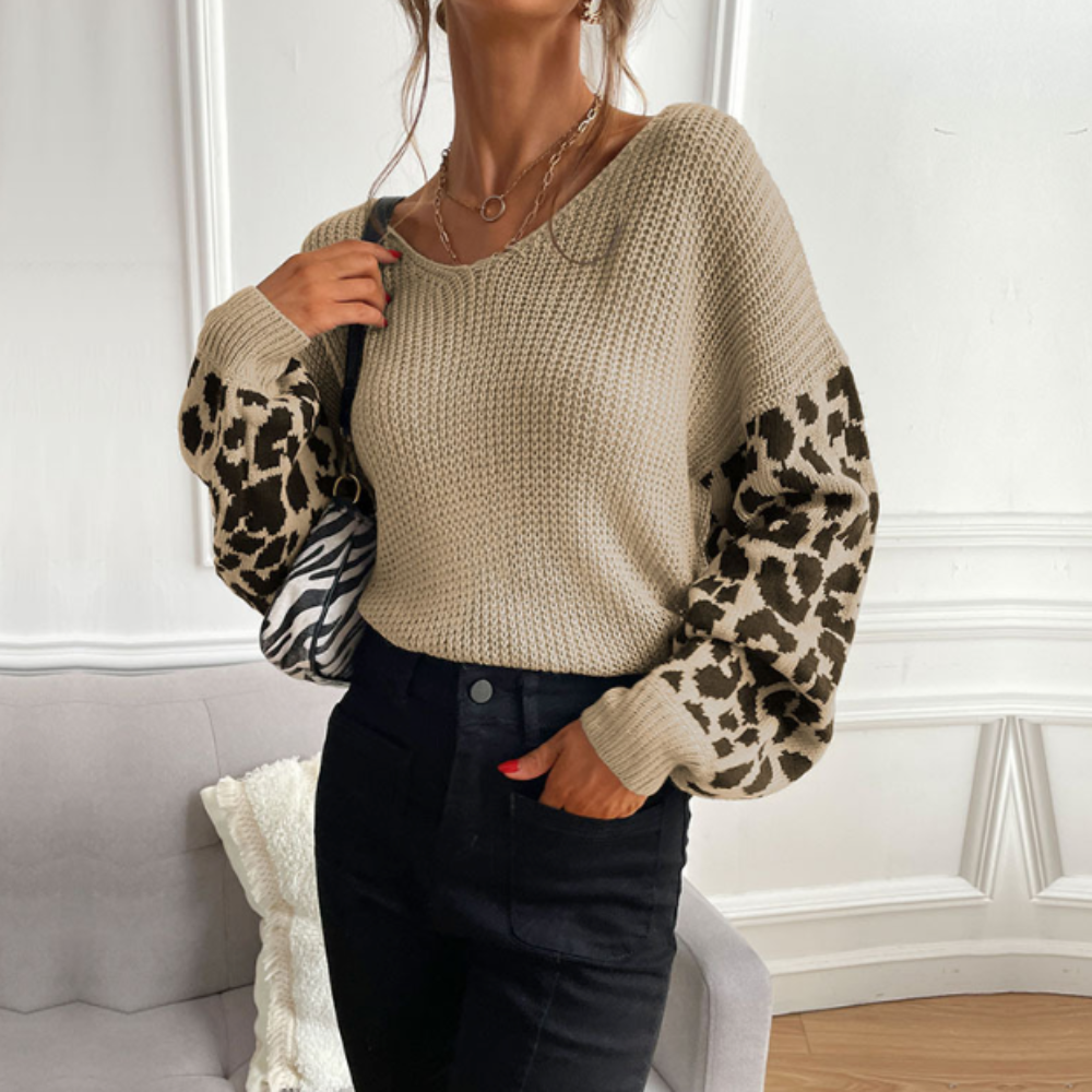 womens v neck sweater with leopard print sleeves – wom | dropsona - neutral - close-up detail