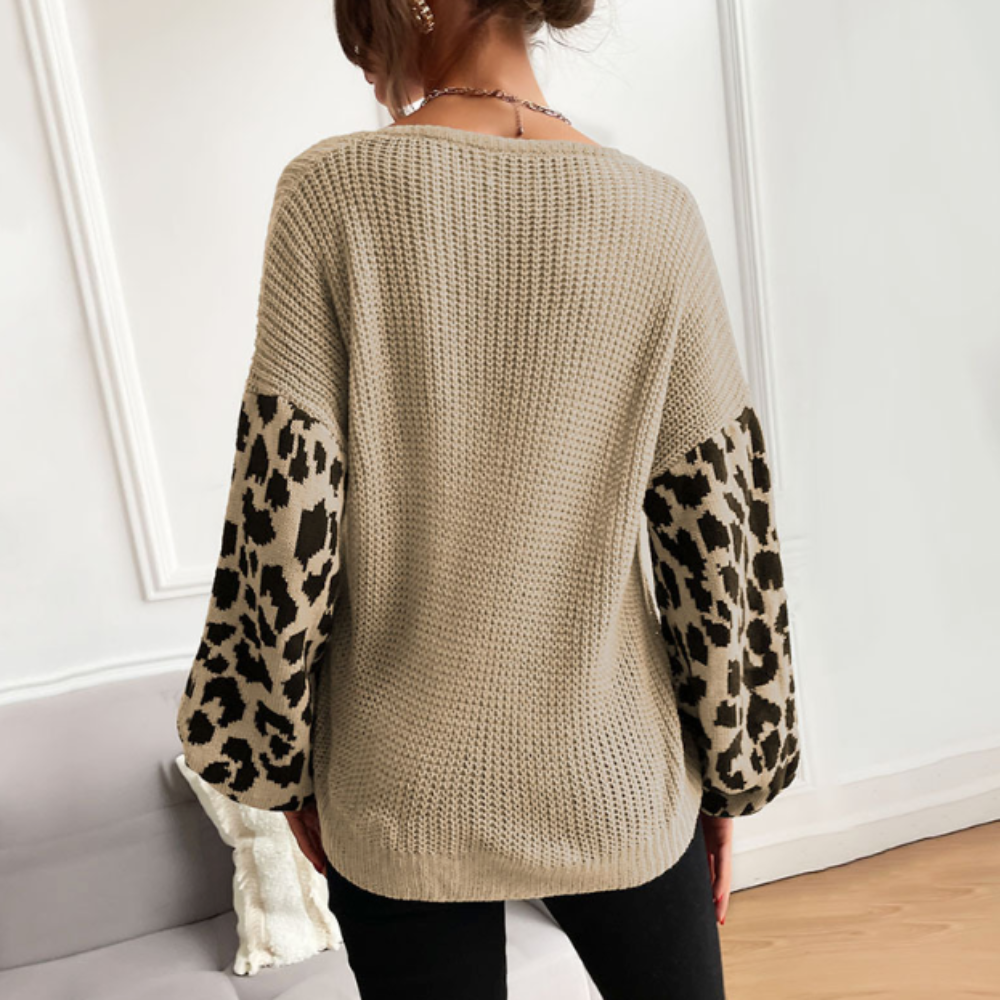womens v neck sweater with leopard print sleeves – wom | dropsona - neutral - front view