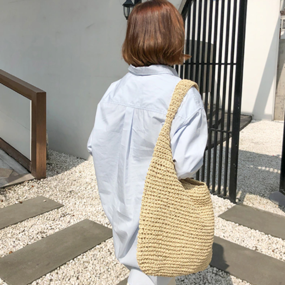 summer shoulder straw tote – make your even mor | dropsona - neutral - close-up detail
