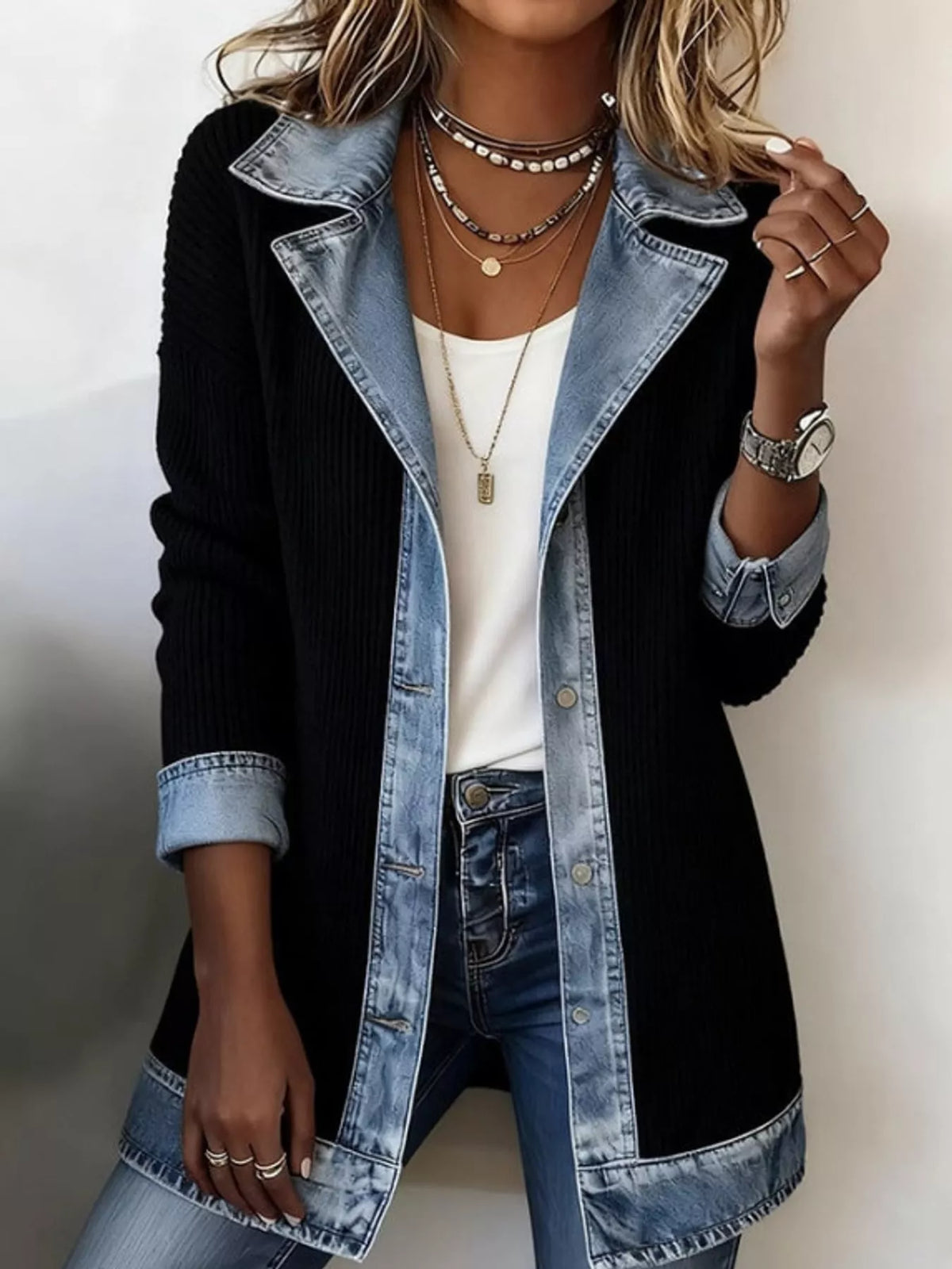 full size denim trim ribbed knit cardigan plus | dropsona - neutral - everyday use