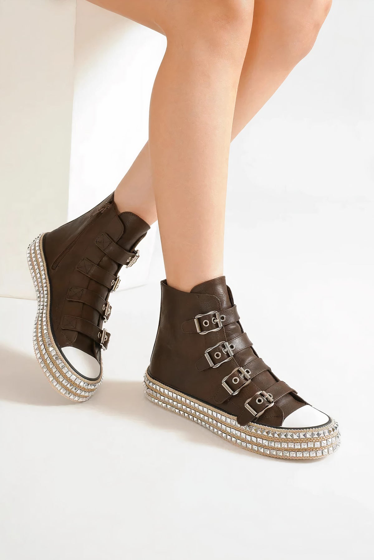 beast fashion multi-buckle straps studded platform sneakers - dark brown - everyday wear
