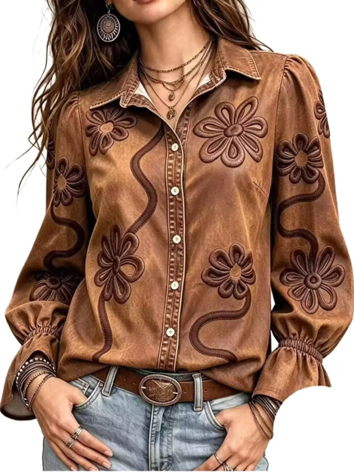 full size denim lock floral embroidered shirt plus | dropsona - neutral - everyday use