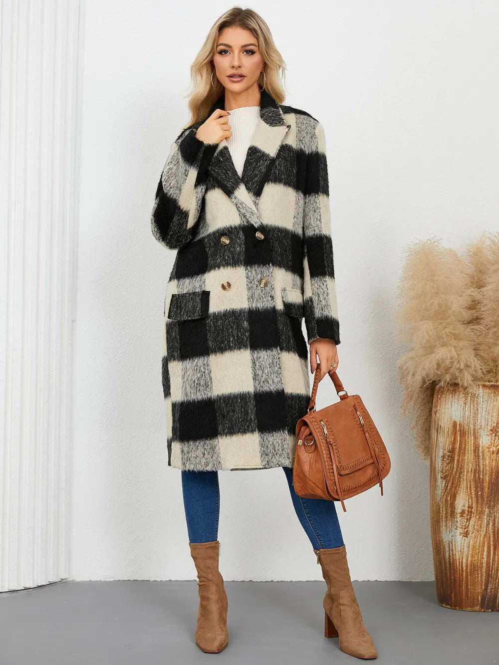 plaid double-breasted long sleeve coat – buttoned | dropsona - neutral - everyday use