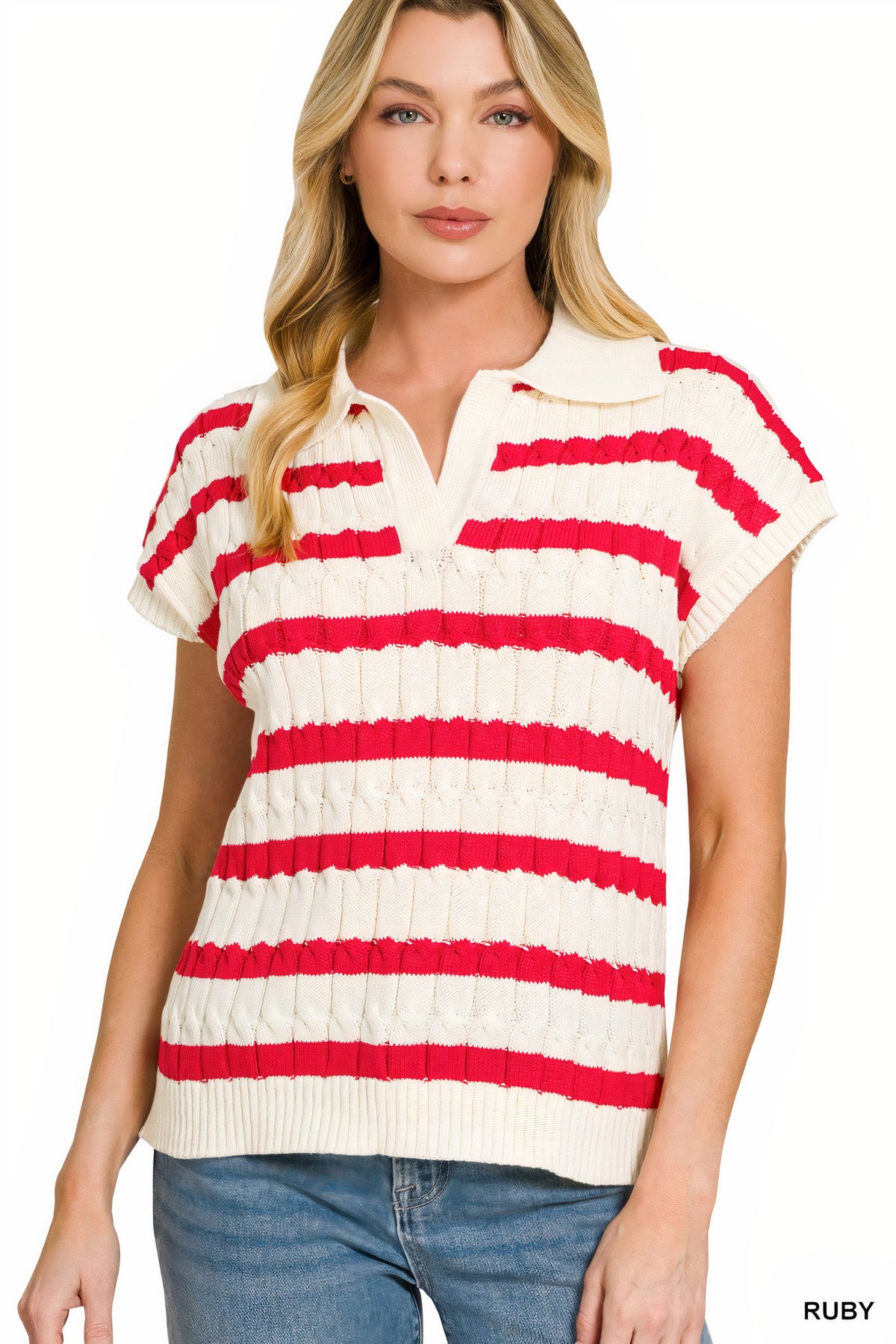 zenana textured stripe collared sweater vest - ruby - everyday wear