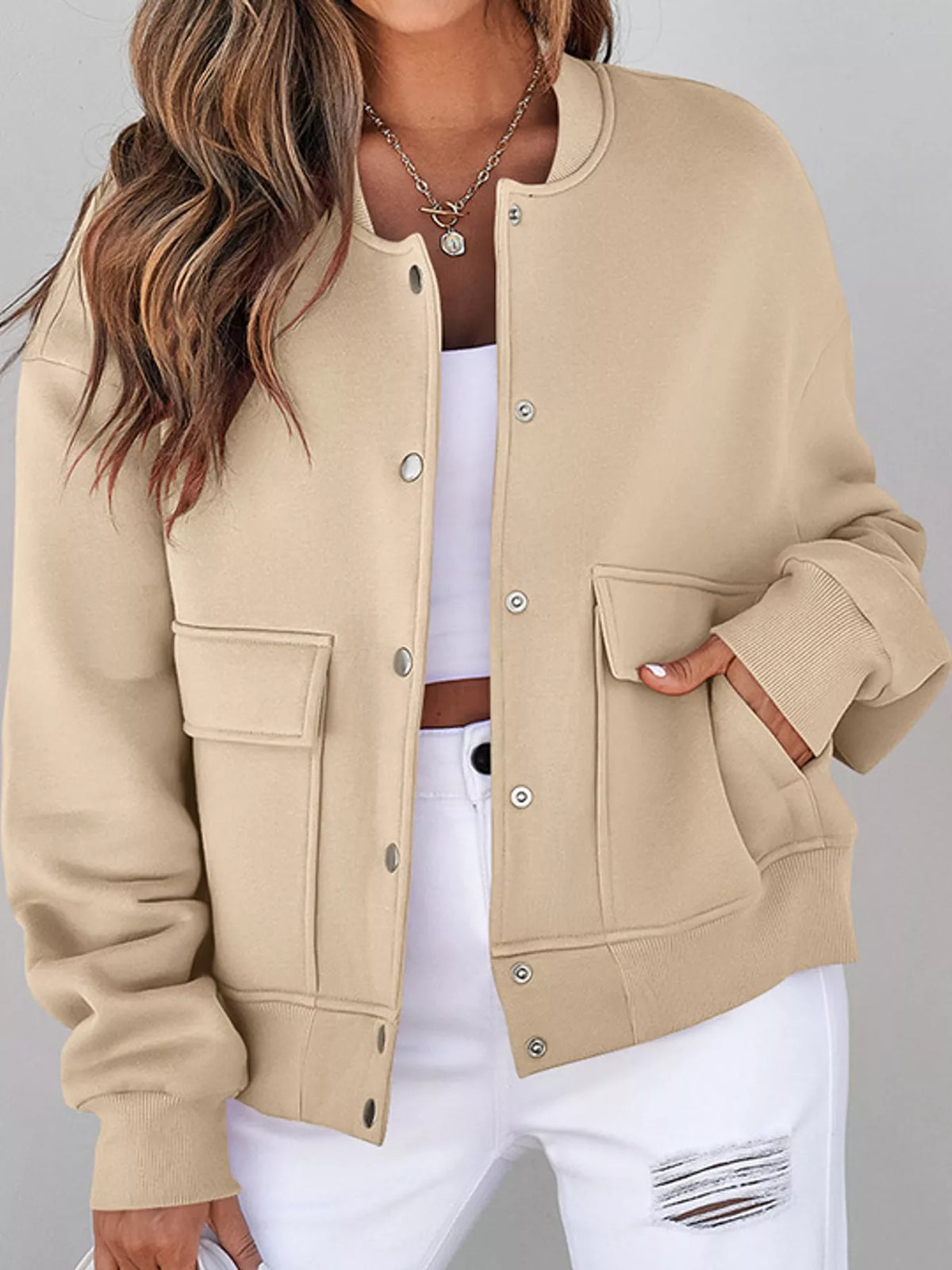 snap-button dropped shoulder jacket | dropsona - neutral - front view