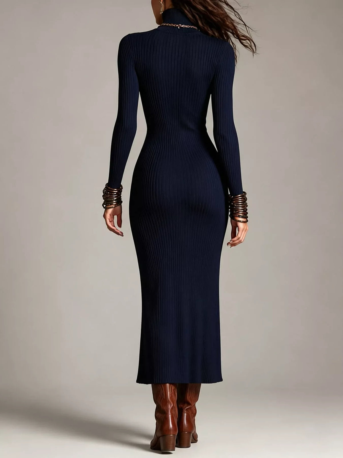 ribbed turtleneck sweater dress with cutout and | dropsona - neutral - front view
