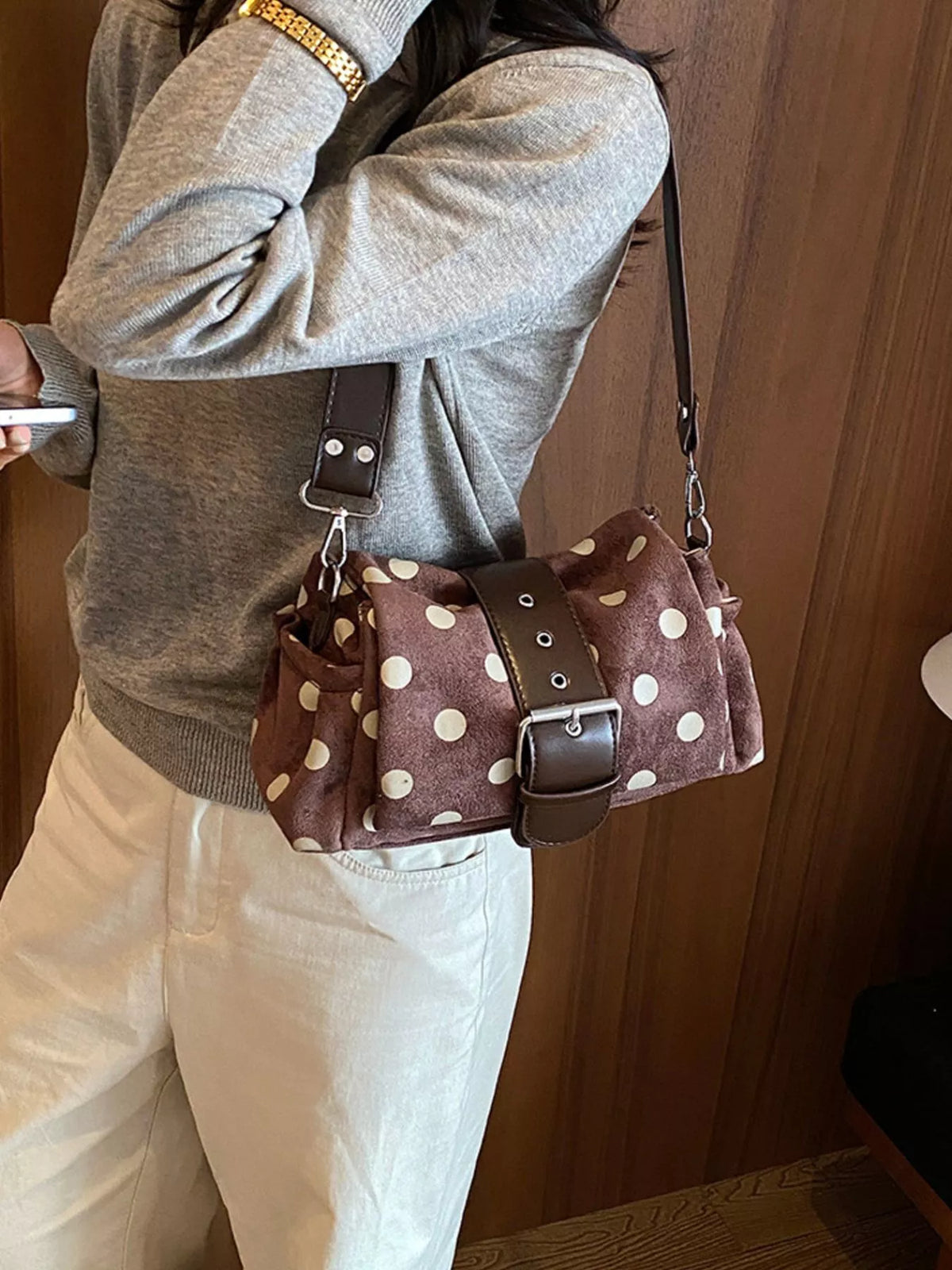 vintage polka dot shoulder bag – stylish sling | dropsona - neutral - everyday use