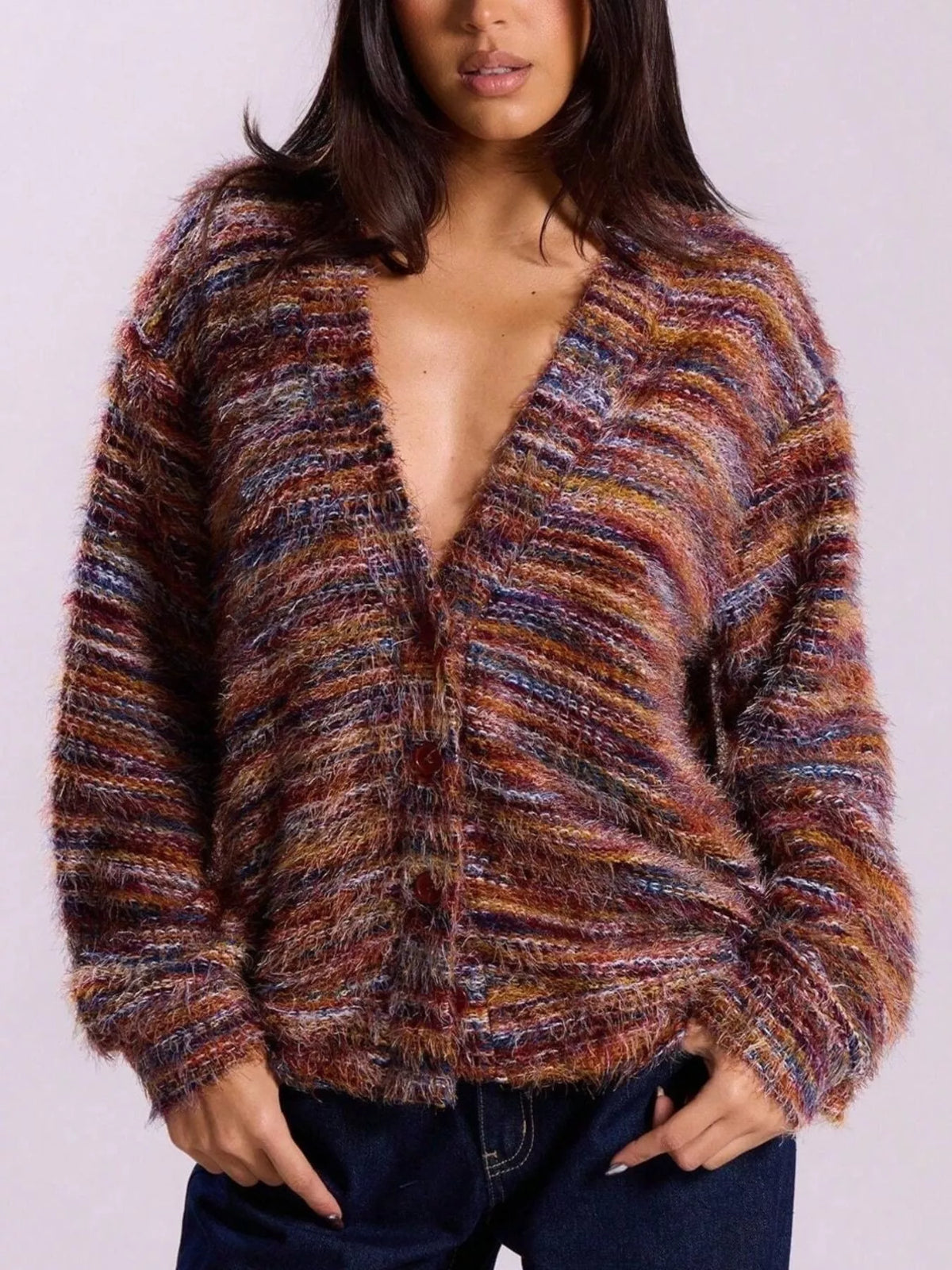 fuzzy knit v-neck button-down cardigan – buttoned | dropsona - neutral - everyday use