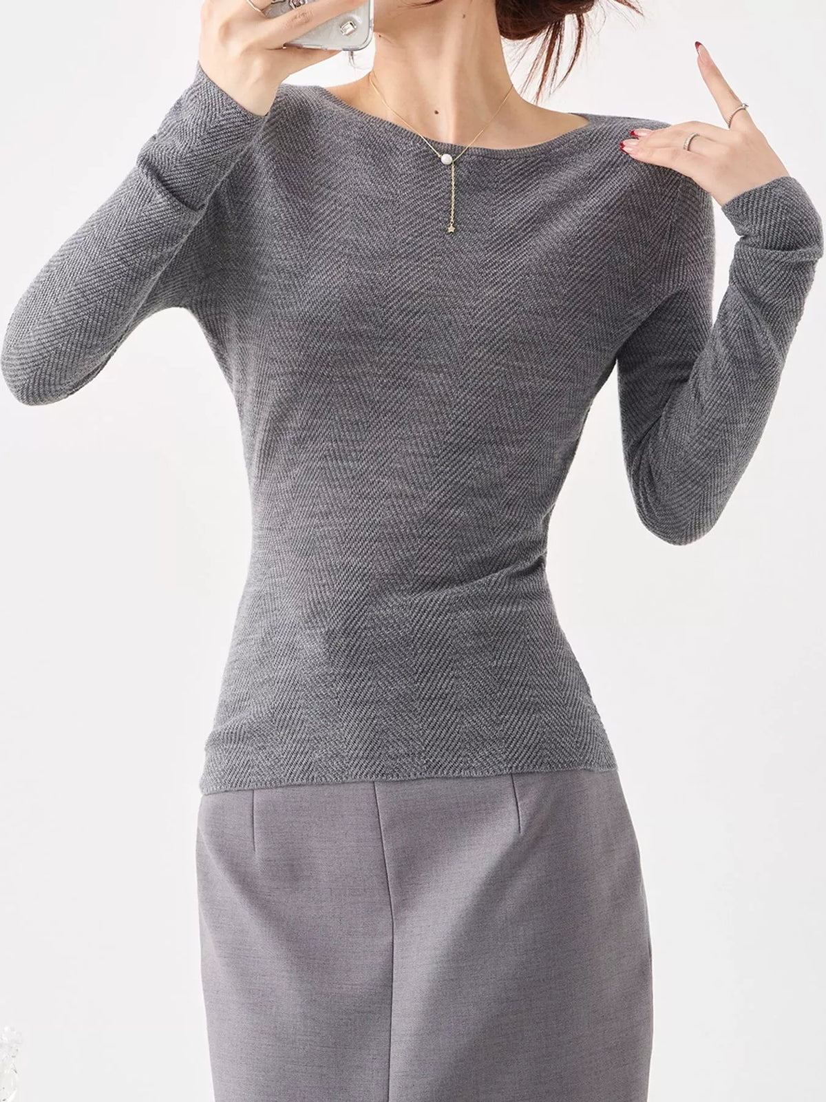 herringbone slim fit long sleeve knit top | dropsona - neutral - everyday use