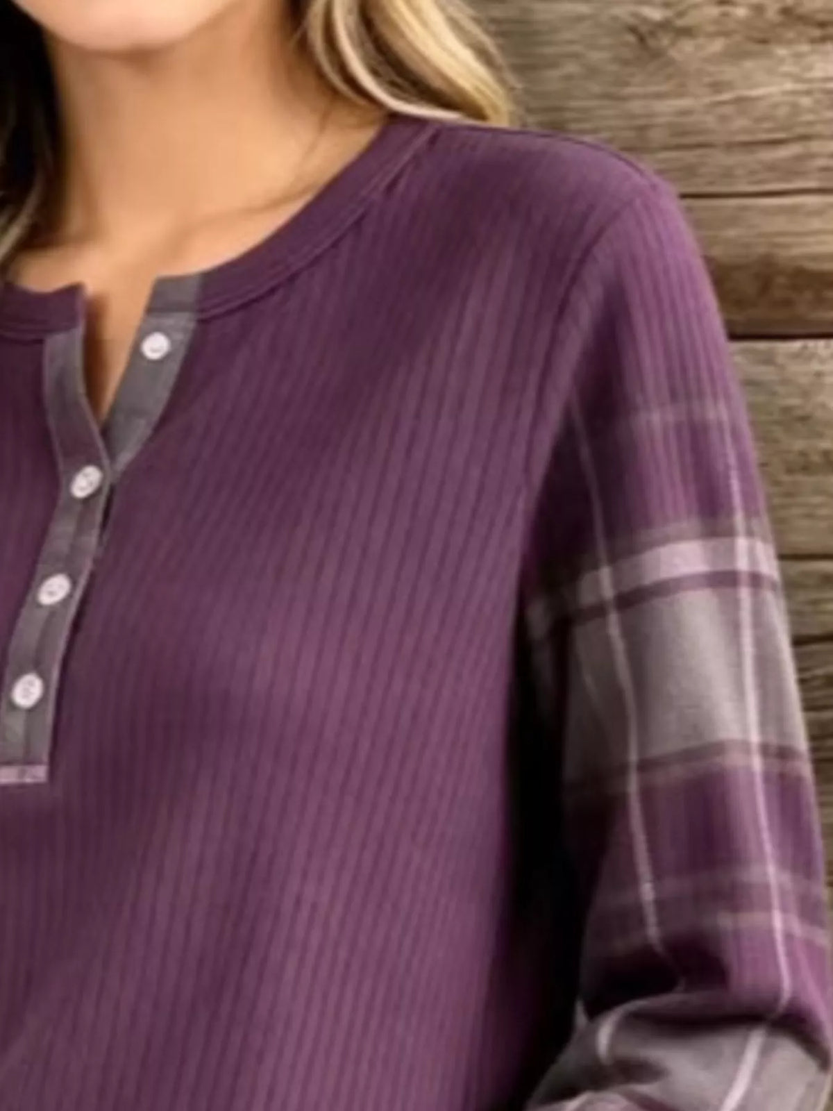 full size ribbed knit henley t-shirt with plaid | dropsona - neutral - front view