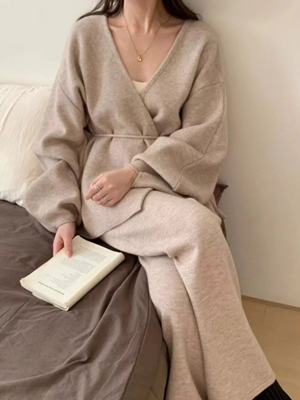 v-neck tied wrap cardigan and wide-leg pants sweater | dropsona - neutral - front view