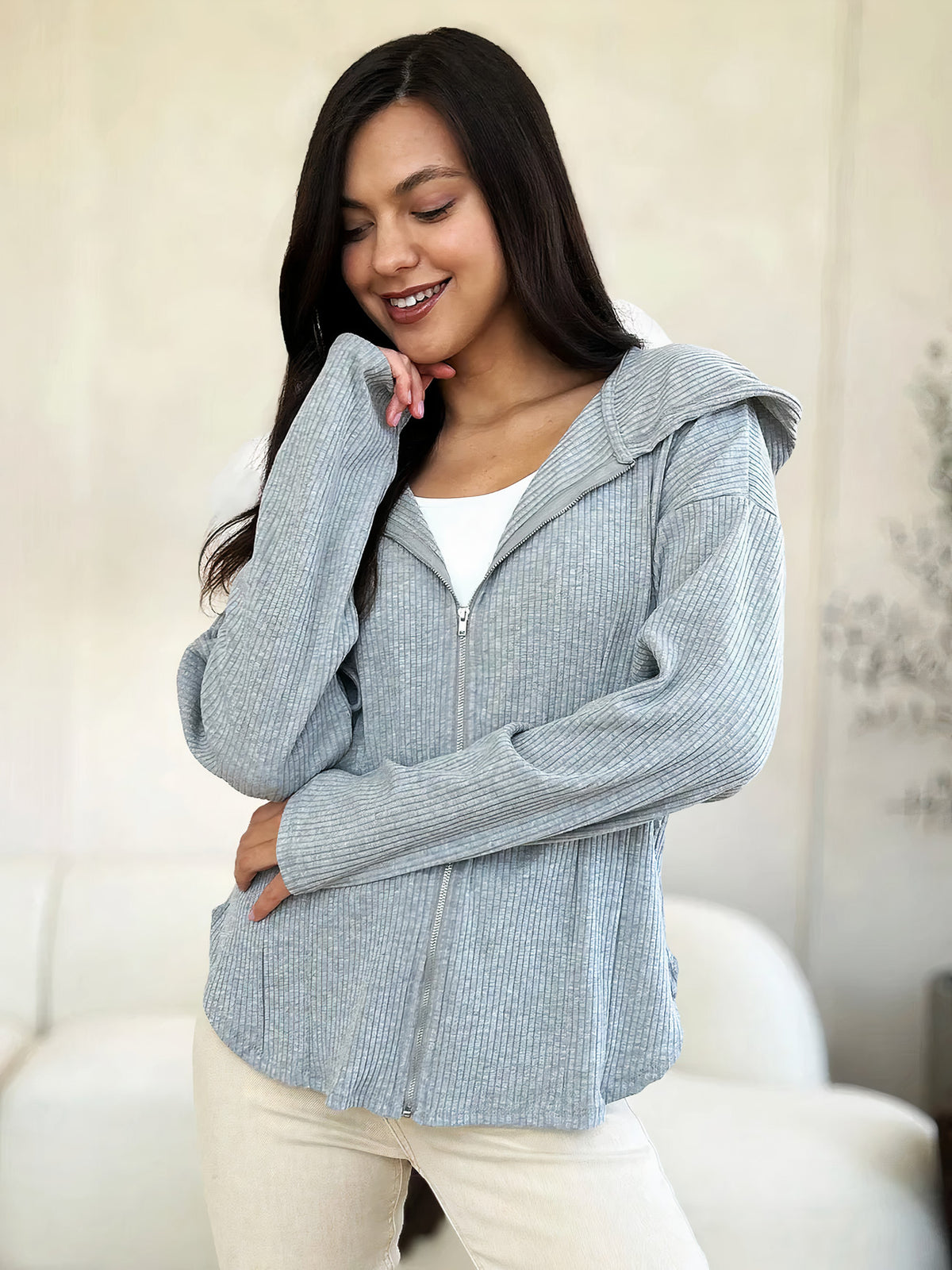 culture code full size ribbed zip up drawstring hooded jacket - everyday wear