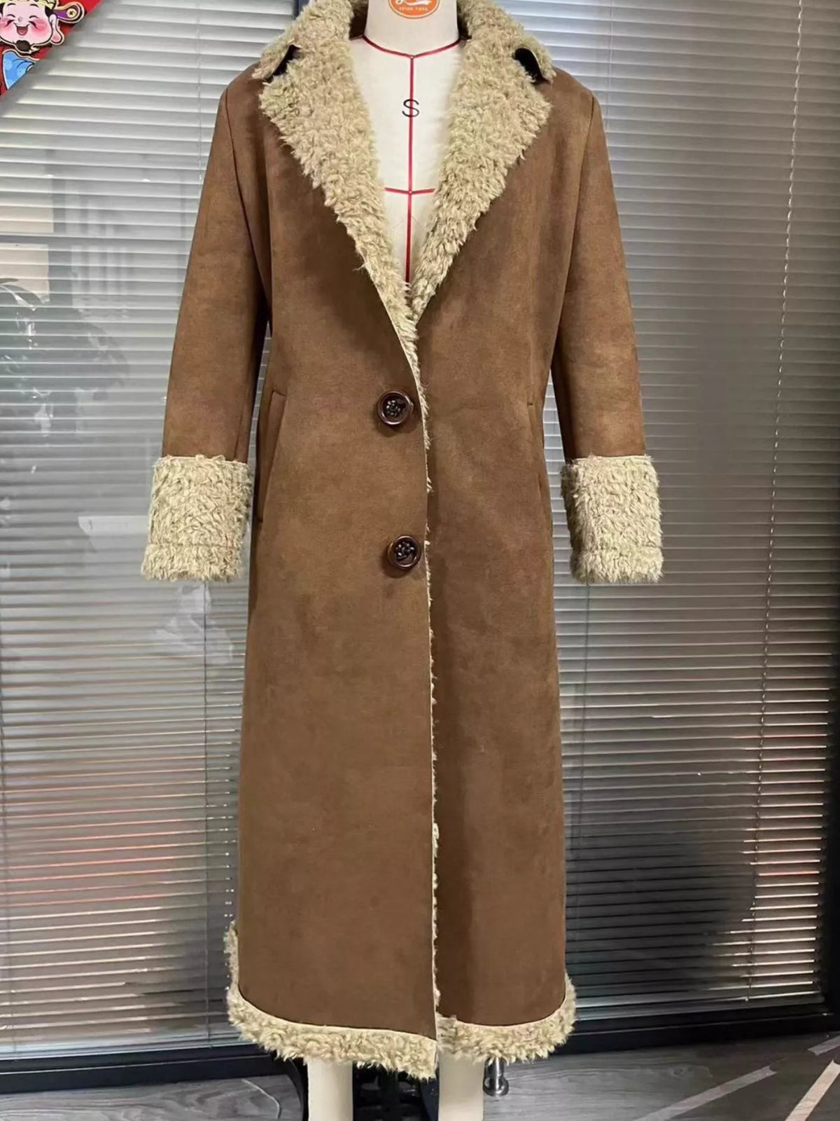 full size vintage-inspired faux suede shearling long | dropsona - neutral - front view