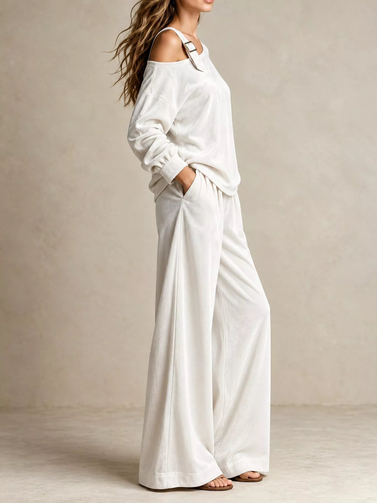 asymmetrical neck top and pants set | dropsona - neutral - front view