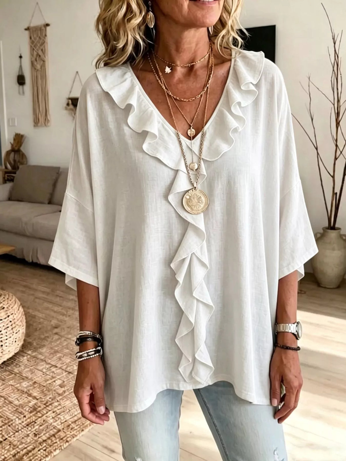 full size ruffle v-neck 3/4 sleeve blouse plus | dropsona - neutral - everyday use