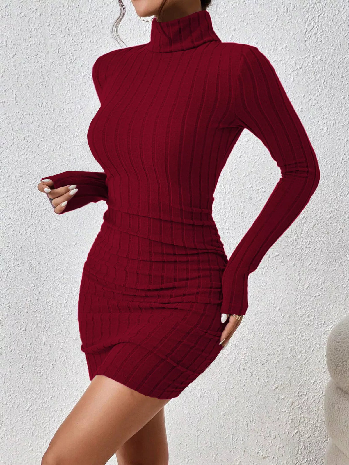 christmas outfit turtleneck ribbed bodycon knit dress | dropsona - neutral - front view