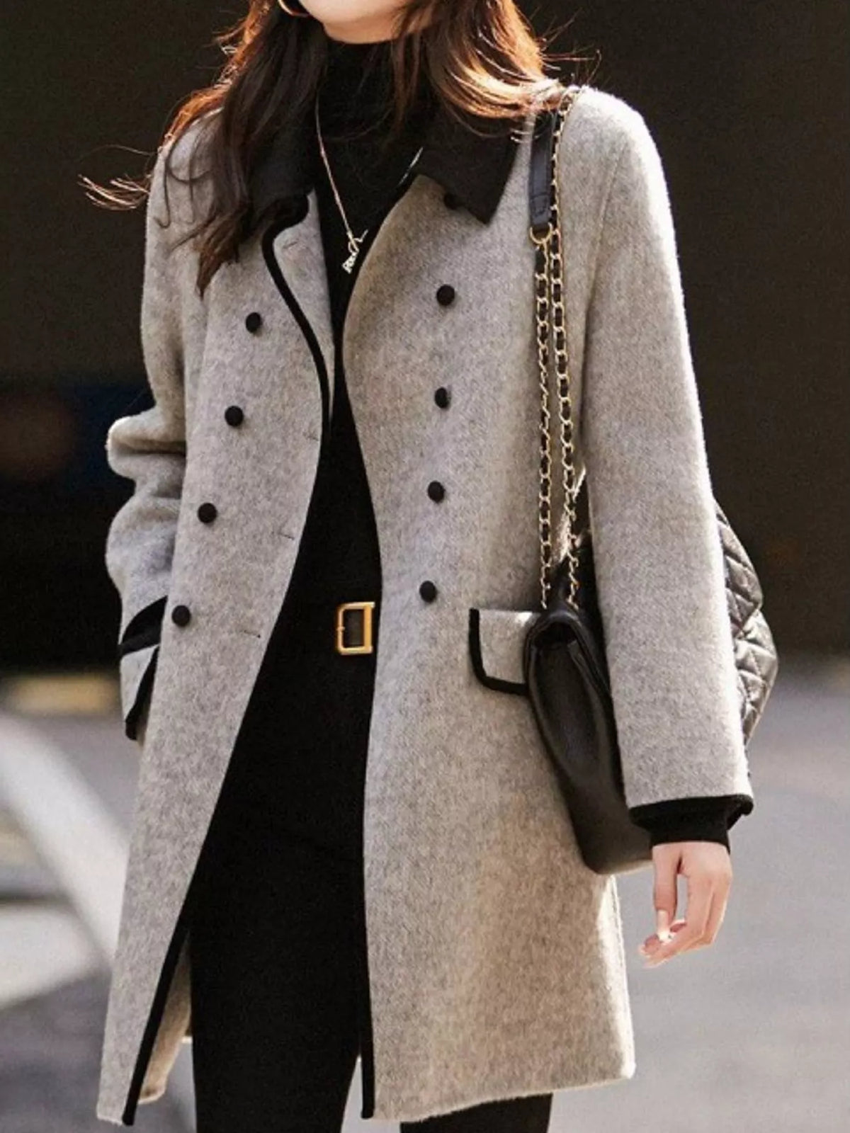plus size double-breasted coat with contrast trim | dropsona - neutral - everyday use