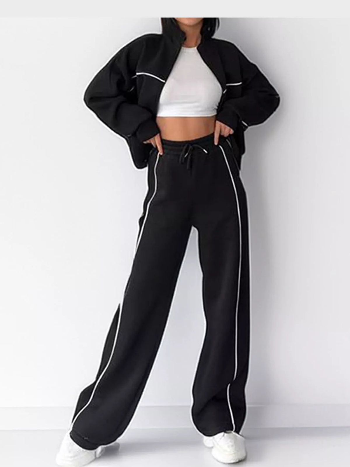 full size zip-up jacket and wide-leg pants set plus | dropsona - neutral - everyday use