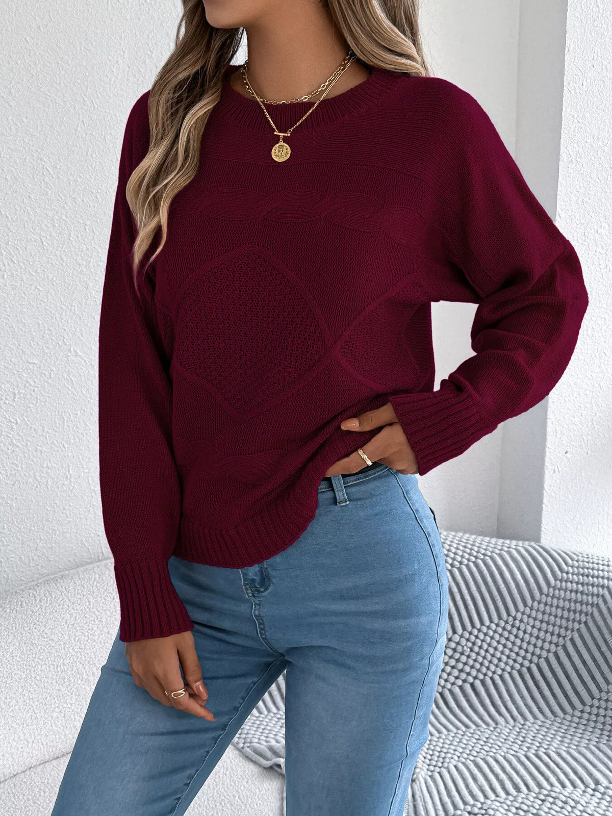 cable knit crew neck sweater – basic style,cable-knit | dropsona - neutral - front view